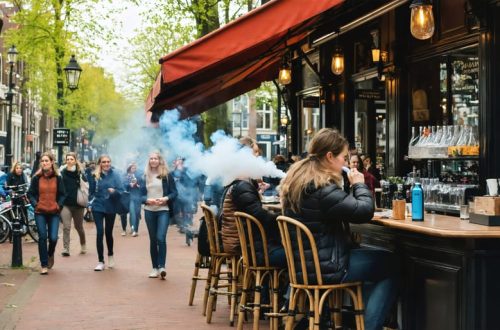 A lively street scene in Amsterdam featuring diverse individuals enjoying their vaping devices, surrounded by traditional Dutch architecture and a cozy café setting, illustrating the fusion of modern vaping culture and Dutch traditions.