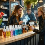 A stylish customer in an Amsterdam vape shop, surrounded by modern CBD vaping devices alongside iconic Dutch canal houses and tulip motifs, symbolizing the blend of tradition and innovation.