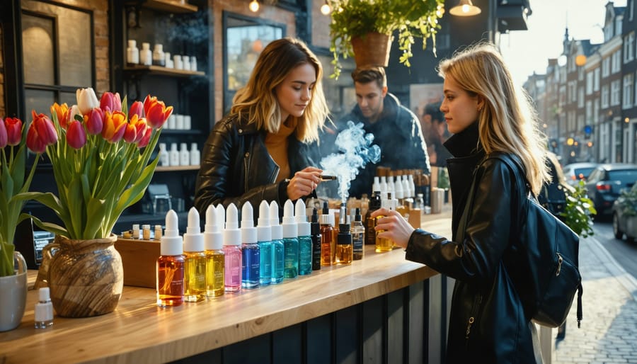 A stylish customer in an Amsterdam vape shop, surrounded by modern CBD vaping devices alongside iconic Dutch canal houses and tulip motifs, symbolizing the blend of tradition and innovation.
