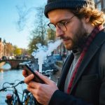 Adult standing by an Amsterdam canal holding a sleek vape and a smartphone, with canal houses and bicycles softly blurred in warm evening light.