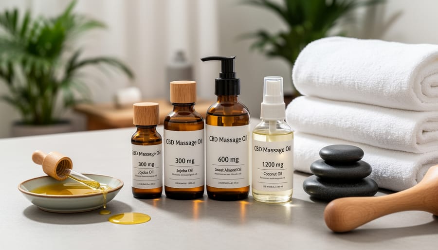 CBD oil bottles with different carrier oils displayed on marble surface with spa accessories