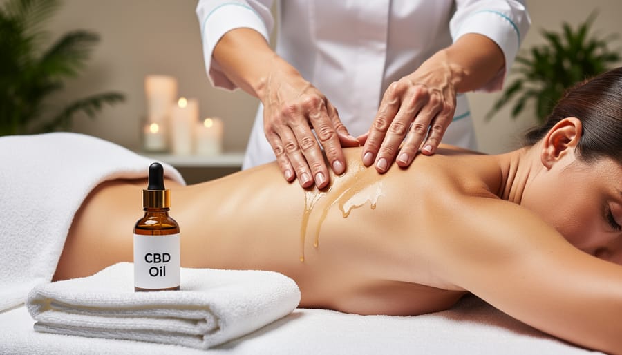Massage therapist applying CBD oil to client's shoulder during professional massage