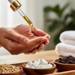 Close-up of a massage therapist catching a golden drop of CBD oil from an amber dropper bottle, with bowls of jojoba seeds, coconut pieces, and grapeseeds on a wooden tray and soft towels and greenery blurred in the background.