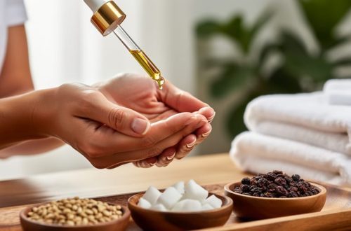 Close-up of a massage therapist catching a golden drop of CBD oil from an amber dropper bottle, with bowls of jojoba seeds, coconut pieces, and grapeseeds on a wooden tray and soft towels and greenery blurred in the background.