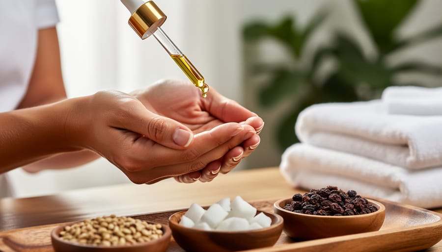 Close-up of a massage therapist catching a golden drop of CBD oil from an amber dropper bottle, with bowls of jojoba seeds, coconut pieces, and grapeseeds on a wooden tray and soft towels and greenery blurred in the background.