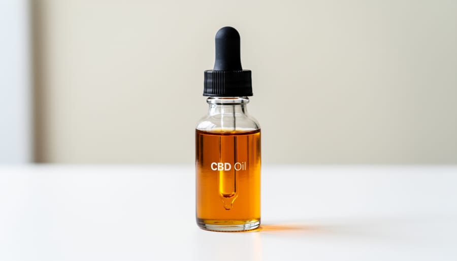 Close-up of amber CBD oil droplet from glass dropper above bottle