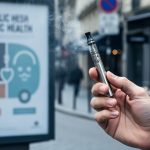 Close-up of a person holding a vape device with faint aerosol haze, with a blurred public health campaign poster in the background.