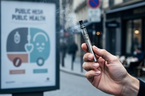 Close-up of a person holding a vape device with faint aerosol haze, with a blurred public health campaign poster in the background.