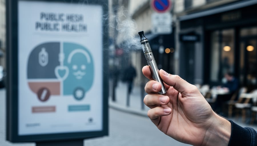 Close-up of a person holding a vape device with faint aerosol haze, with a blurred public health campaign poster in the background.