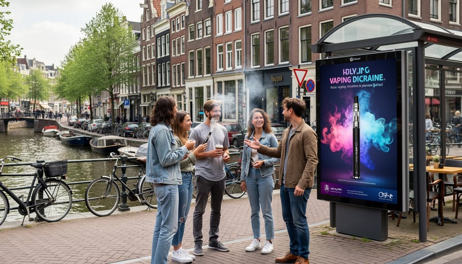 Vape shop storefront window on an Amsterdam street at dusk with a person holding a vape device in soft focus