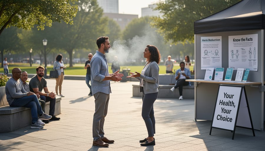 Vapor drifting above a sidewalk near a public bench and trash bin in a calm outdoor setting