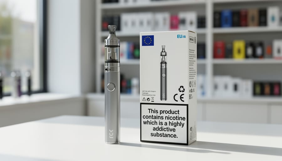 Vape device, e-liquid bottle, and packaging displayed on a clean countertop