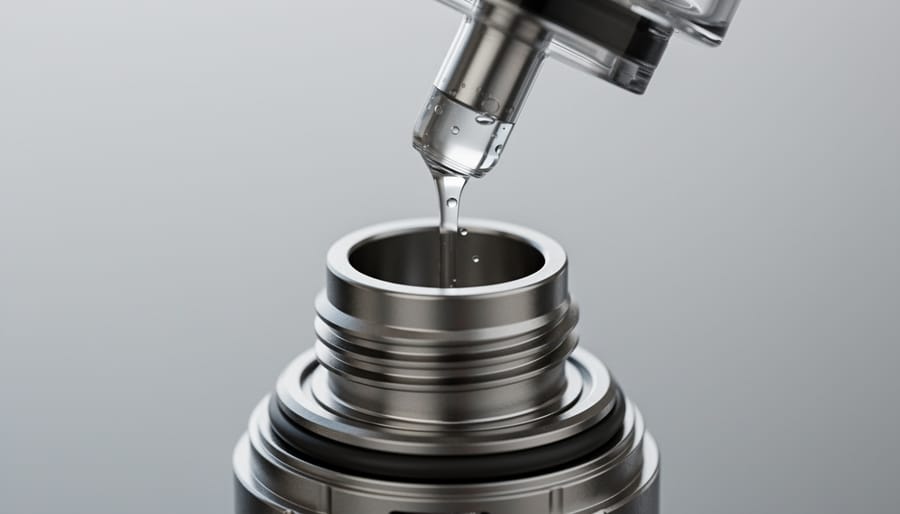 Close-up of gloved hands handling vape refill components and sealed parts