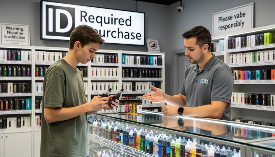 Customer and shop clerk exchanging a sealed vaping product at a shop counter