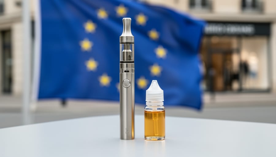 A modern vaping device and capped e-liquid bottle on a clean tabletop with a softly blurred EU flag in the background.