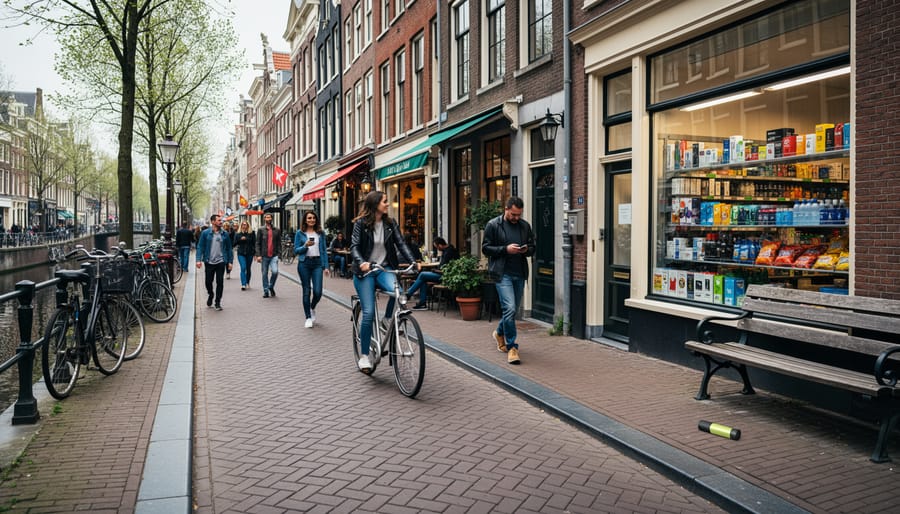 Street-level Amsterdam scene at dusk with a blurred storefront display in the background and pedestrians walking by.