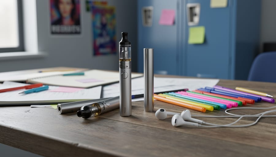 Close-up of a water bottle and an out-of-focus disposable vape item on a classroom desk with books in the background.