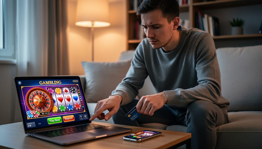 Person holding a smartphone and hovering near a device power button in a quiet workspace, symbolizing mindful online gambling.