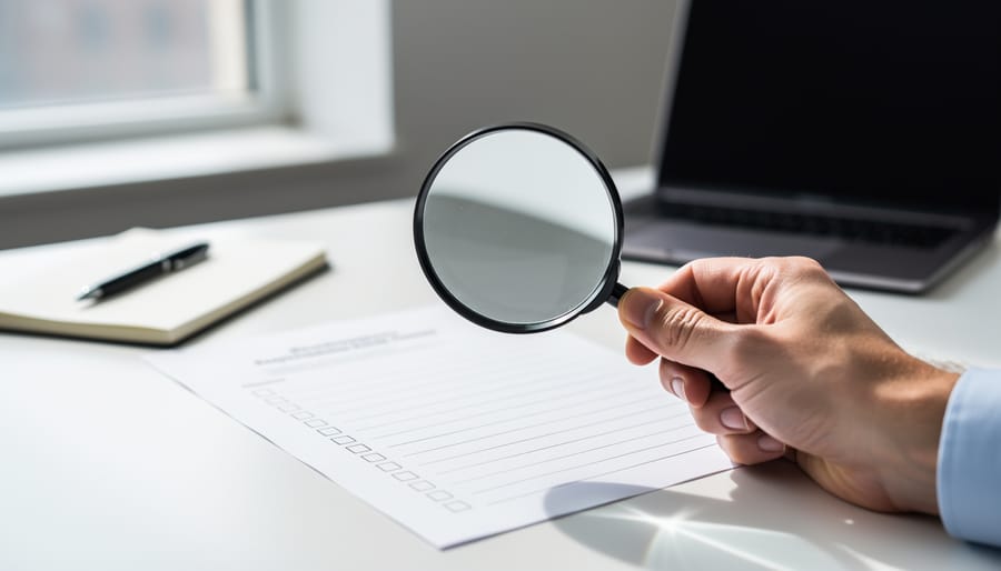 Top-down view of an open notebook with a magnifying glass and a clear sample case, symbolizing thorough, transparent review practices.