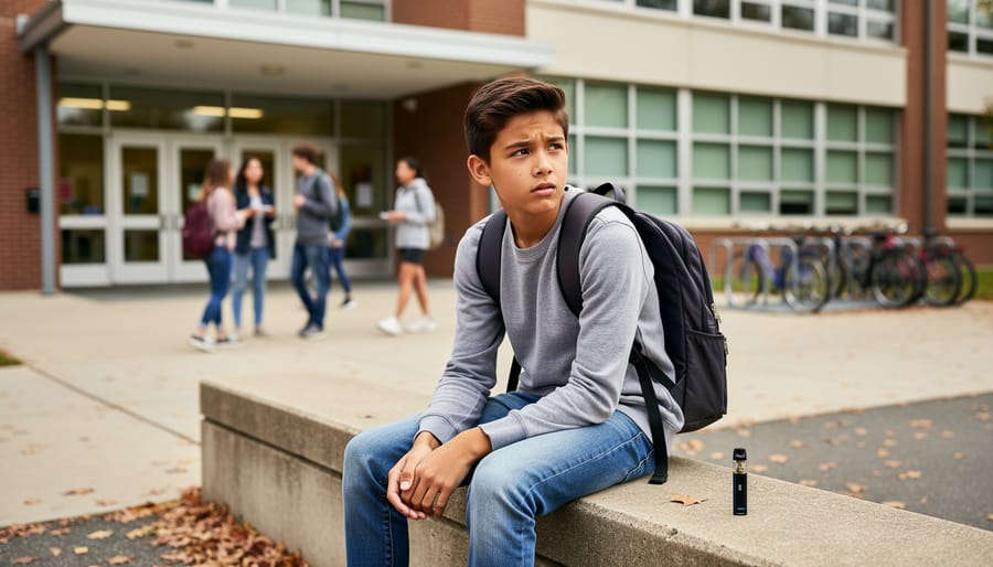 Teenager sitting on school steps with a vape device partially visible in a pocket, background campus blurred.