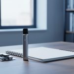 “Disposable e-cigarette device and vaping pods placed on a study desk beside blank school materials in a softly lit room.”