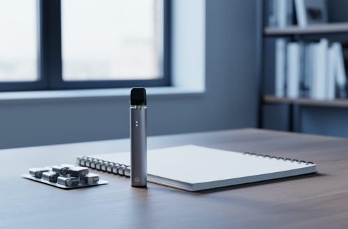 “Disposable e-cigarette device and vaping pods placed on a study desk beside blank school materials in a softly lit room.”