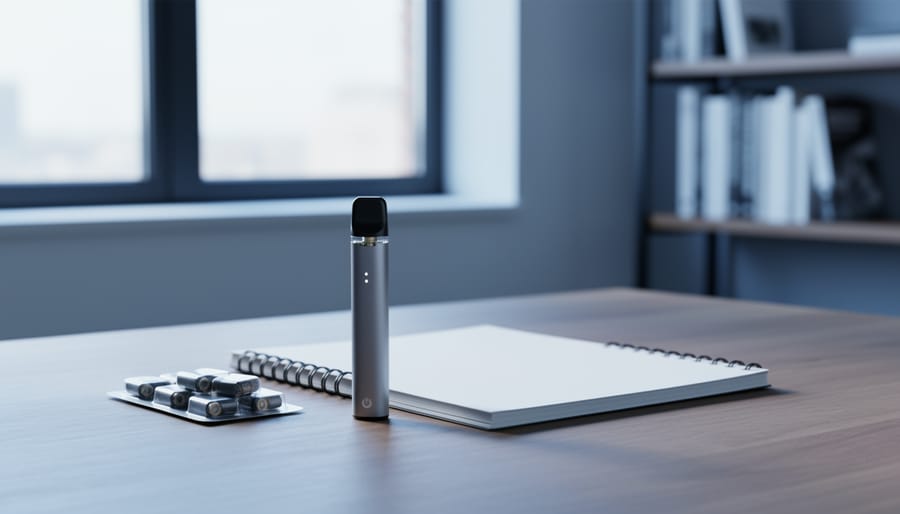 “Disposable e-cigarette device and vaping pods placed on a study desk beside blank school materials in a softly lit room.”